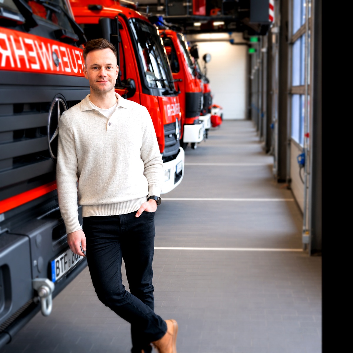 Daniel Hannemann an einem Feuerwehrfahrzeug in einer Fahrzeughalle